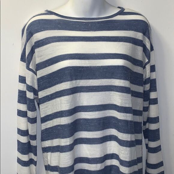 PARKHURST Blue & White Striped Lightweight Linen Blend Sweater-S - Picture 2 of 6